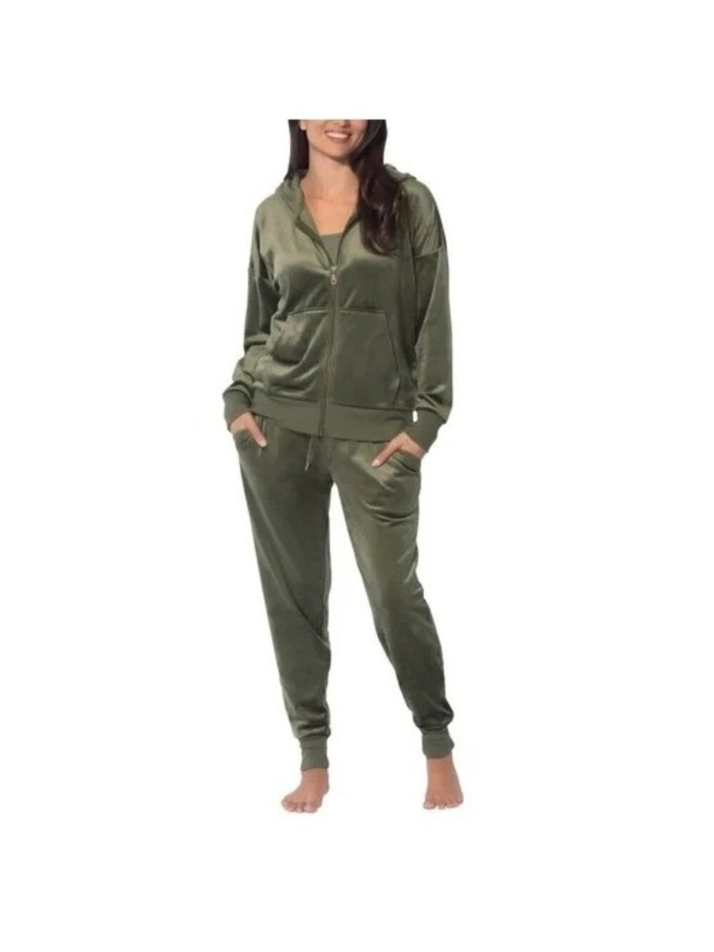 NWT Felina Tracksuit Women's XS Velour Hoodie & Jogger Set Olive Green